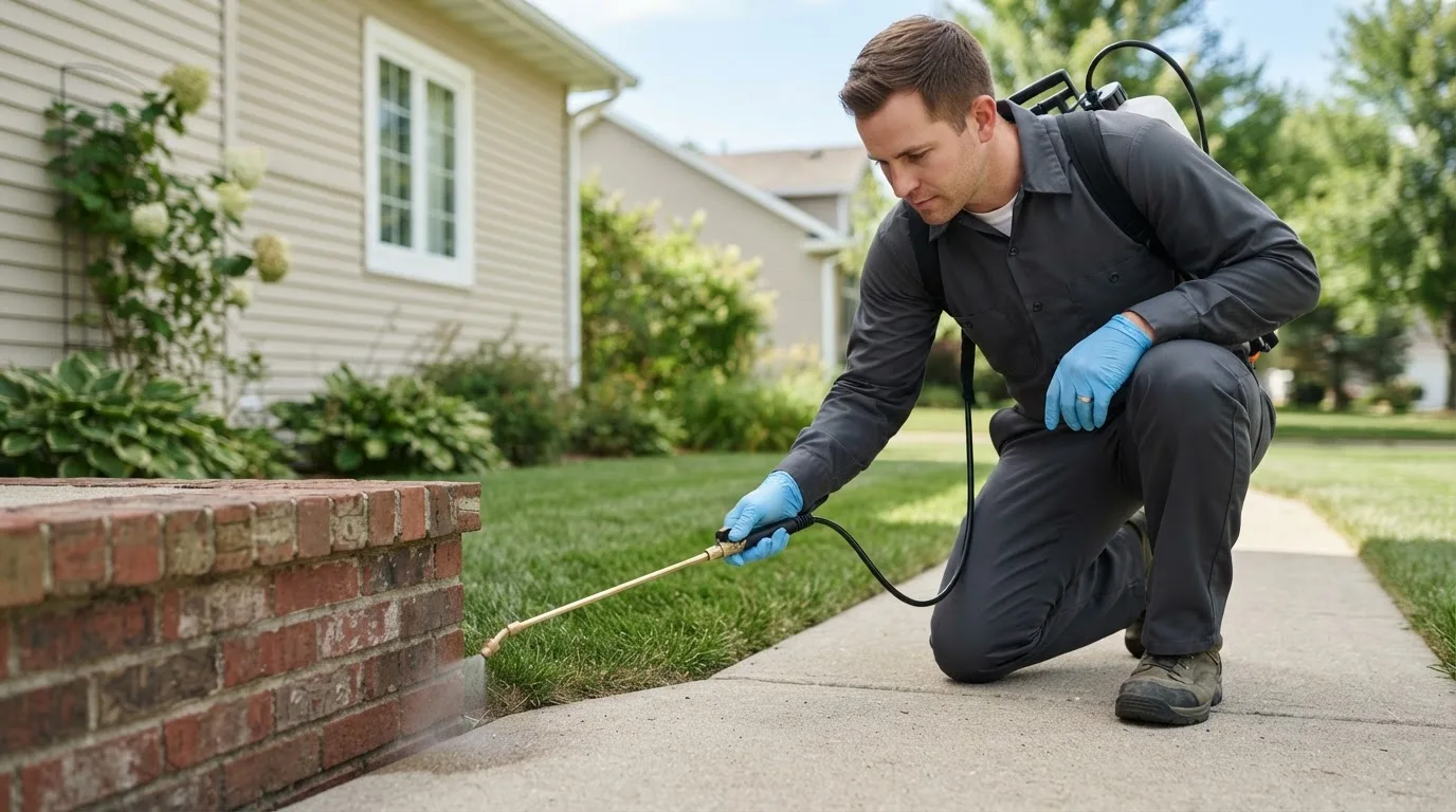 Pest control technician treating a home near Hitchcock, OK