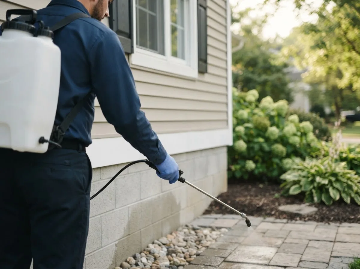 Pest control technician inspecting a home in Hitchcock, OK